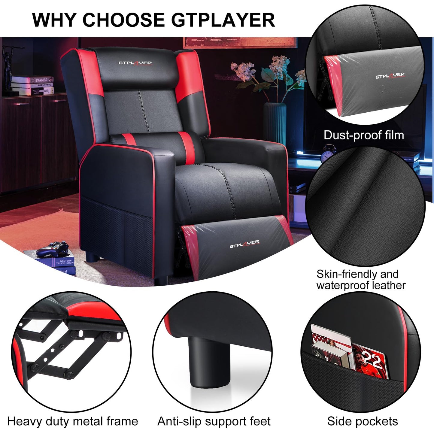 GTPLAYER Gaming Recliner Chair for Living Room Racing Style Single PU Leather Gaming Sofa for Adults Modern Game Recliners Ergonomic Comfortable Home Theater Seating, Red