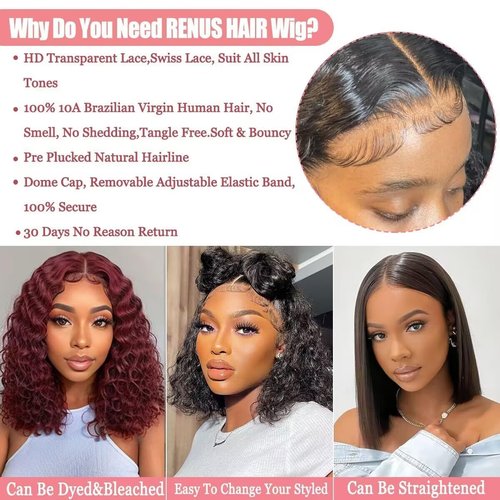 FCUFCU 16 Inch Deep Wave Bob Wig Human Hair 13x4 Frontal Lace Wig 200% Density Short Bob Wigs Human Hair for Black Women Glueless Curly Bob Wig With Baby Hair Natural Black