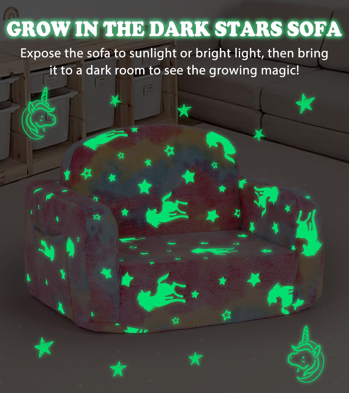 Kids Couch, 2-in-1 Soft Toddler Couch Fold Out with with Blanket and Cloud Pillow, Glow in The Dark, Toddler Chair Comfy, Convertible Sofa to Lounger, Gifts for Kids Girl Boys, Medium Pink Unicorn