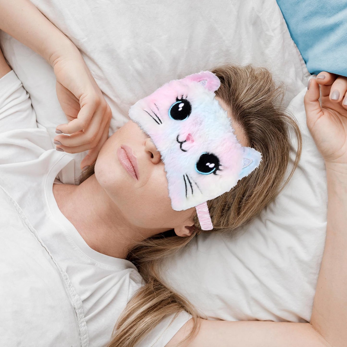 Kids Sleep Mask, 2 Pcs Cute Plush Cat Sleeping Mask for Women Soft Colorful Girls Sleep Masks Comfortable Funny Animal Sleeping Eye Cover for Women Home Travel Gift (Cat, Koala)