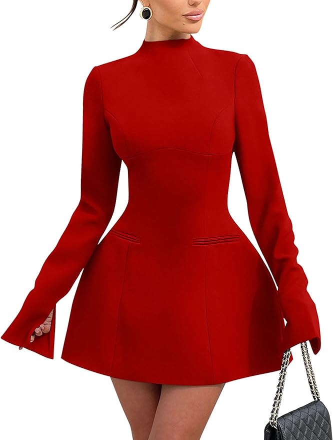 YMDUCH Women's Elegant Long Sleeve Mock Neck Backless A-line Party Mini Dress
