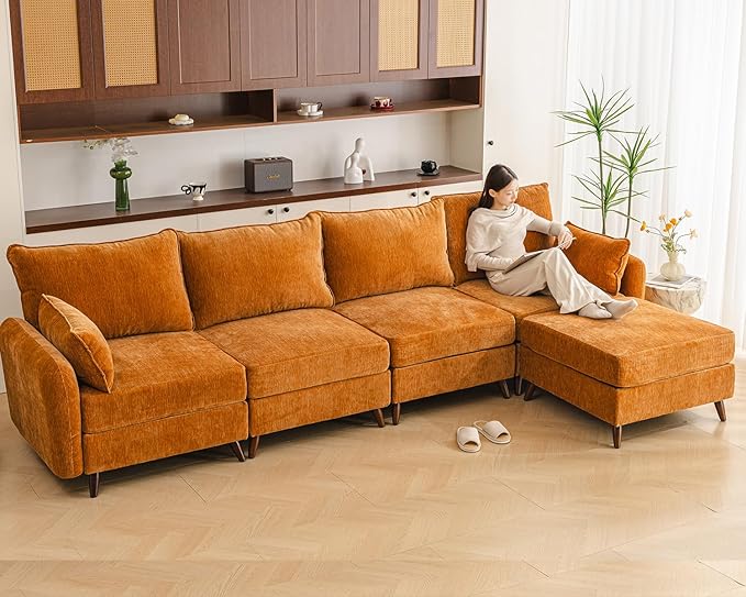 Rexulqo 135'' Modular Sectional Sofa with All Seats Storage, Oversized L Shaped Couch,4-Seater Comfy Cloud Couches with Movable Ottoman,24.5'' Deep Seat,Big Sofas for Living Room,Bedroom,Velet,Yellow