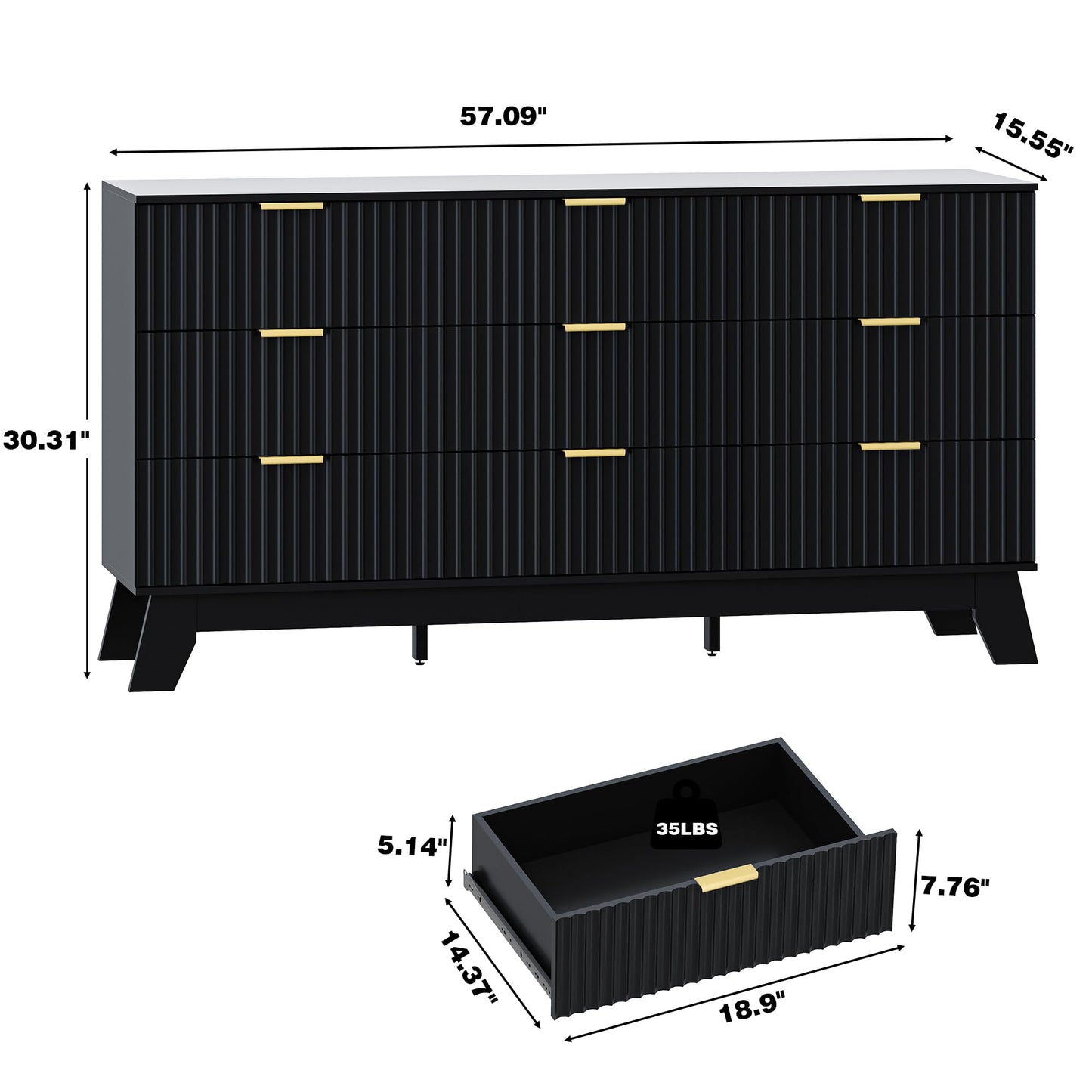 HUANLEGO Fluted Dresser for Bedroom with 9 Drawers, 57" Mid Century Modern Dresser of Closet TV Stand, Nature Wood Dressers with Gold Handle, Boho Closet Wide Modern Chest of Drawers, Black