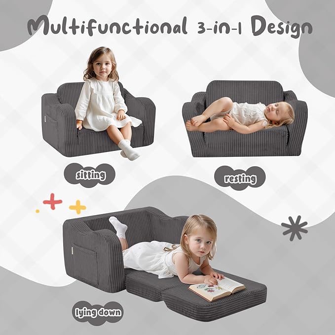 MeMoreCool Toddler Chair Comfy for 1-3 Years Old, Corduroy Kids Couch Bed Fold Out, 2-in-1 Foldable Baby Lounge Chair, Pull Out Children Sofa Bed, Dark Grey