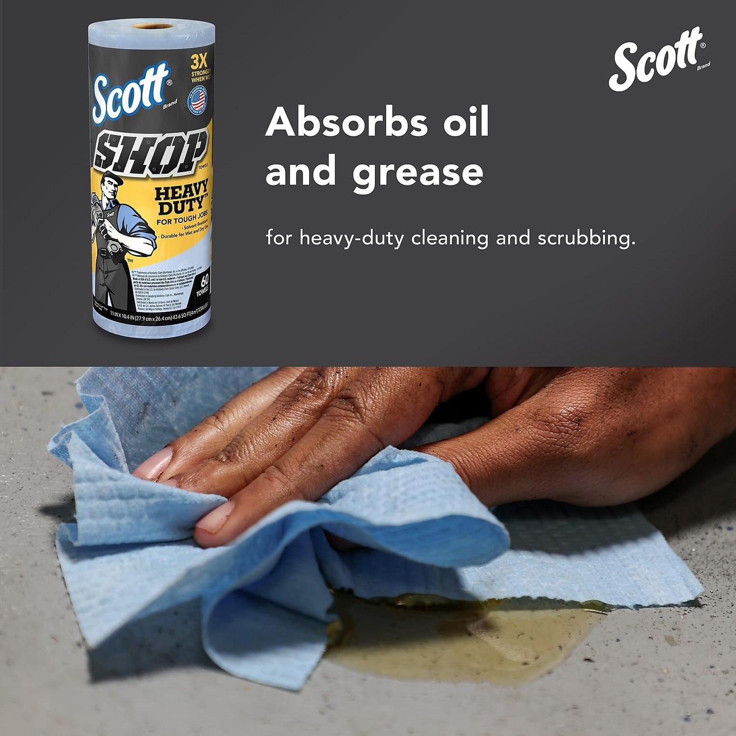 Scott Shop Original Heavy Duty Towels (32992), Blue, Cloth-like Paper Towel for Solvents, 10.4"x11" Wipe (12 Rolls of 60 Sheets, 720 Sheet Total)
