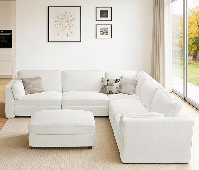 CUGOAO 117.7'' Modular Sectional Sofa, Oversized L-Shaped Sectional Couch with Ottoman, Deep Seat Chenille Cloud Couch, Mordern Upholstered Couches for Living Room, Apartment, Office, Beige