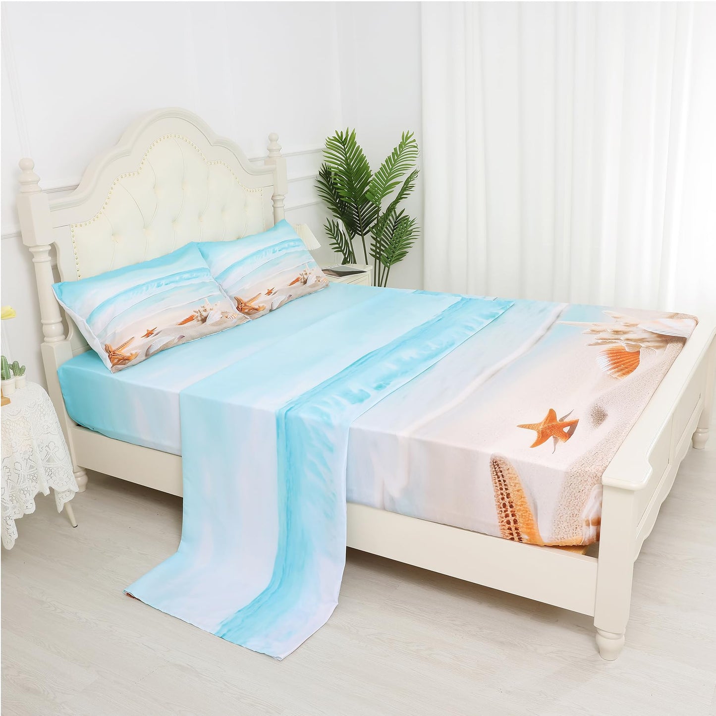 Beach Bed Sheets Set Full Beach Fitted Sheet Blue Coastal Nature Theme Pattern Teal Flat Sheet Girls Women Hawaiian Top Sheet Starfish Sheet Set,1 Flat Sheet 1 Fitted Sheet 2 Pillowcases