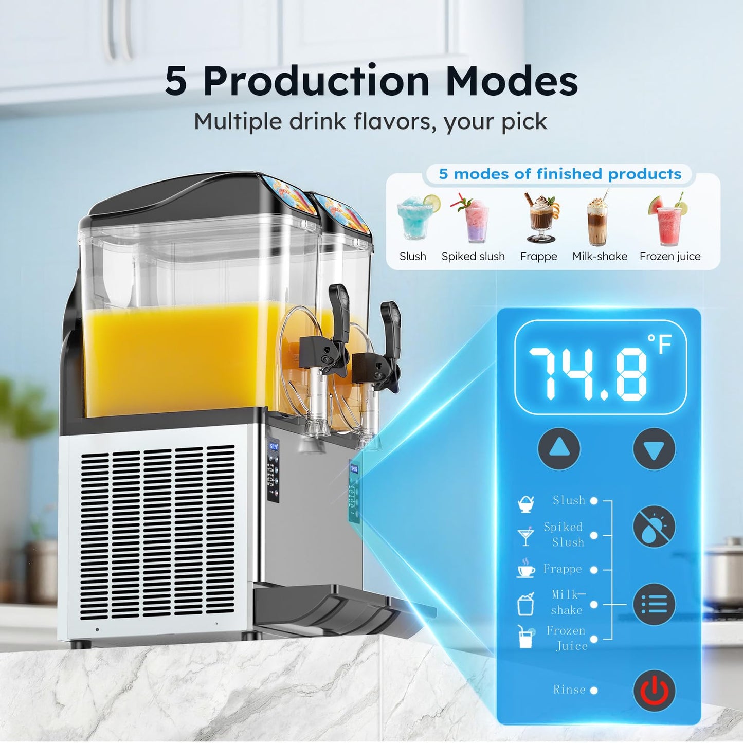 30L 110V Commercial Slushy Machine-5 Modes, Commercial Slushie Machine with LED Light, Stainless Steel Margarita Slushie Maker, 5 Presets for Margaritas, Cocktails, Frappés, Smoothies, Milkshakes