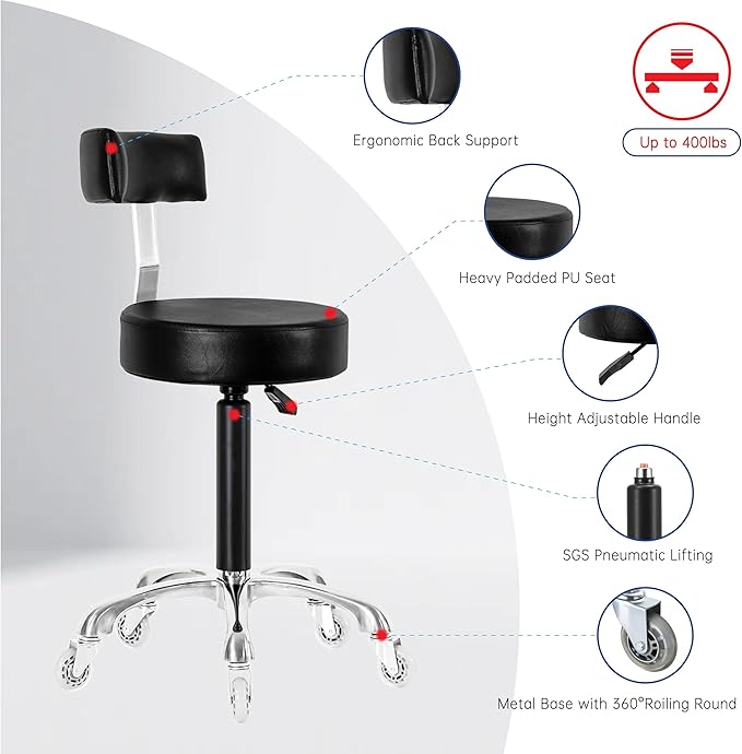 Swivel Rolling Stool Round Chair,Thick Sturdy Padding,Adjustable Stool with Wheels for Doctor,Medical,Massage Salon,Office,Shop(Black,with Back)