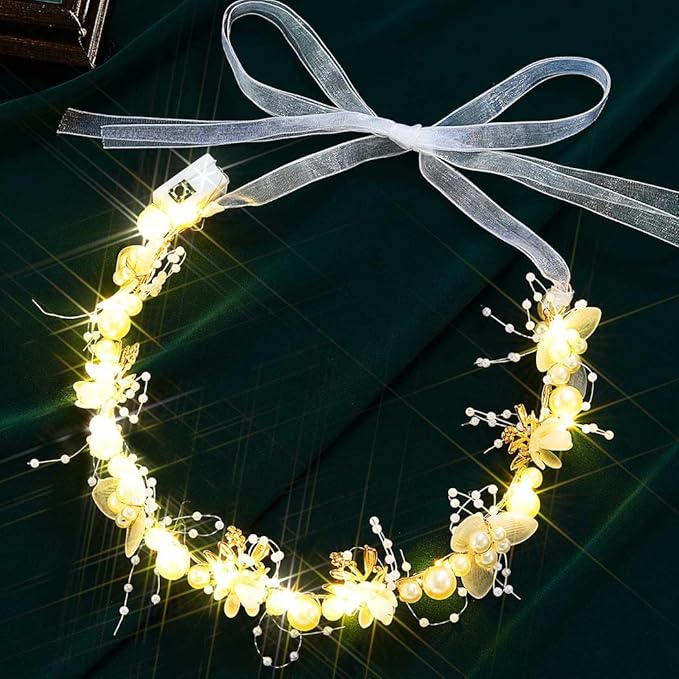 Zehope Light Up Flower Headbands LED Princess Pearl Floral Wreath Headpiece Bridal Wedding Garlands Hair Accessories for W...