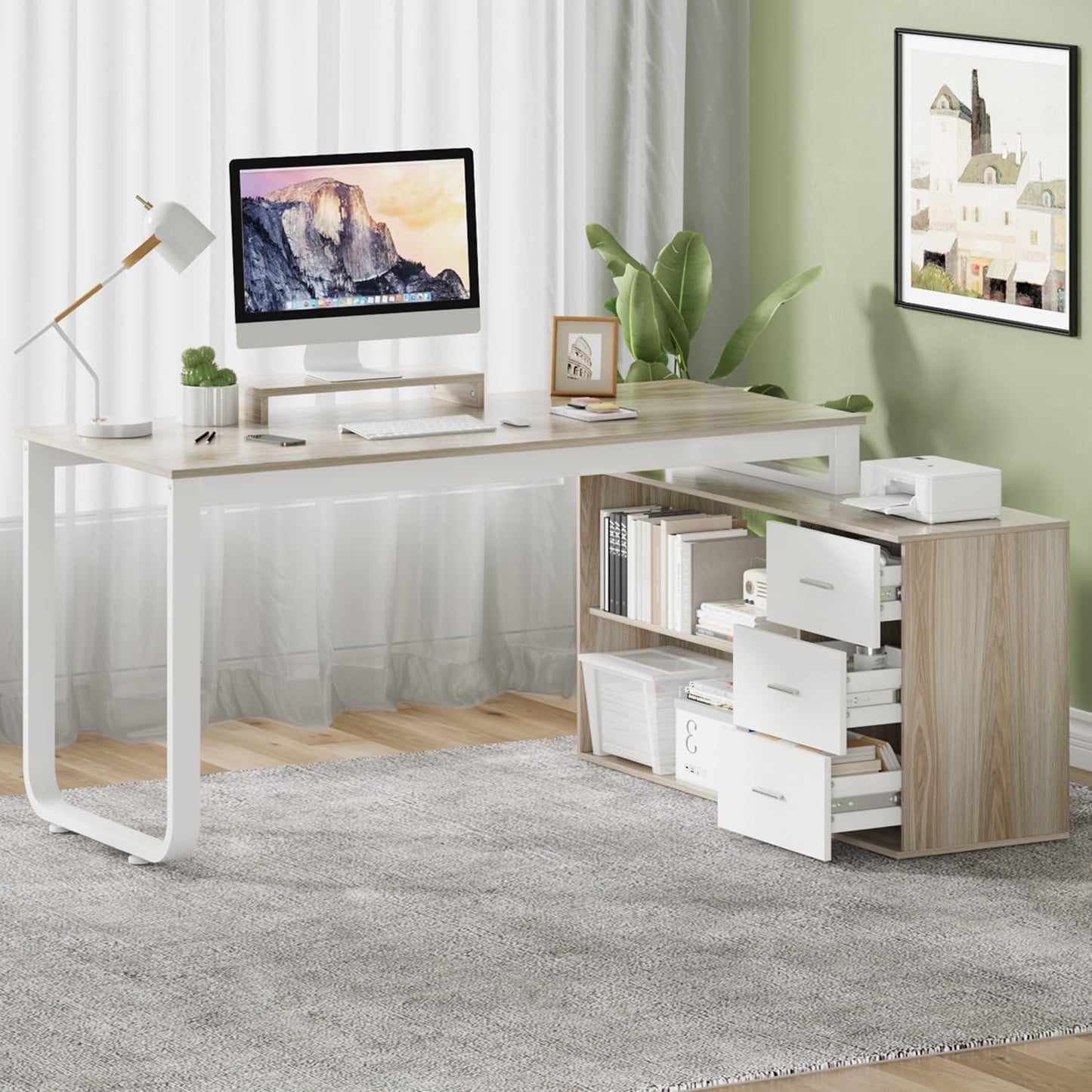 MaverickFurni 55 Inch Reversible L Shaped Computer Desk with 3 Drawers, Corner Desk with Storage Shelves and Removable Monitor Stand, White and Walnut