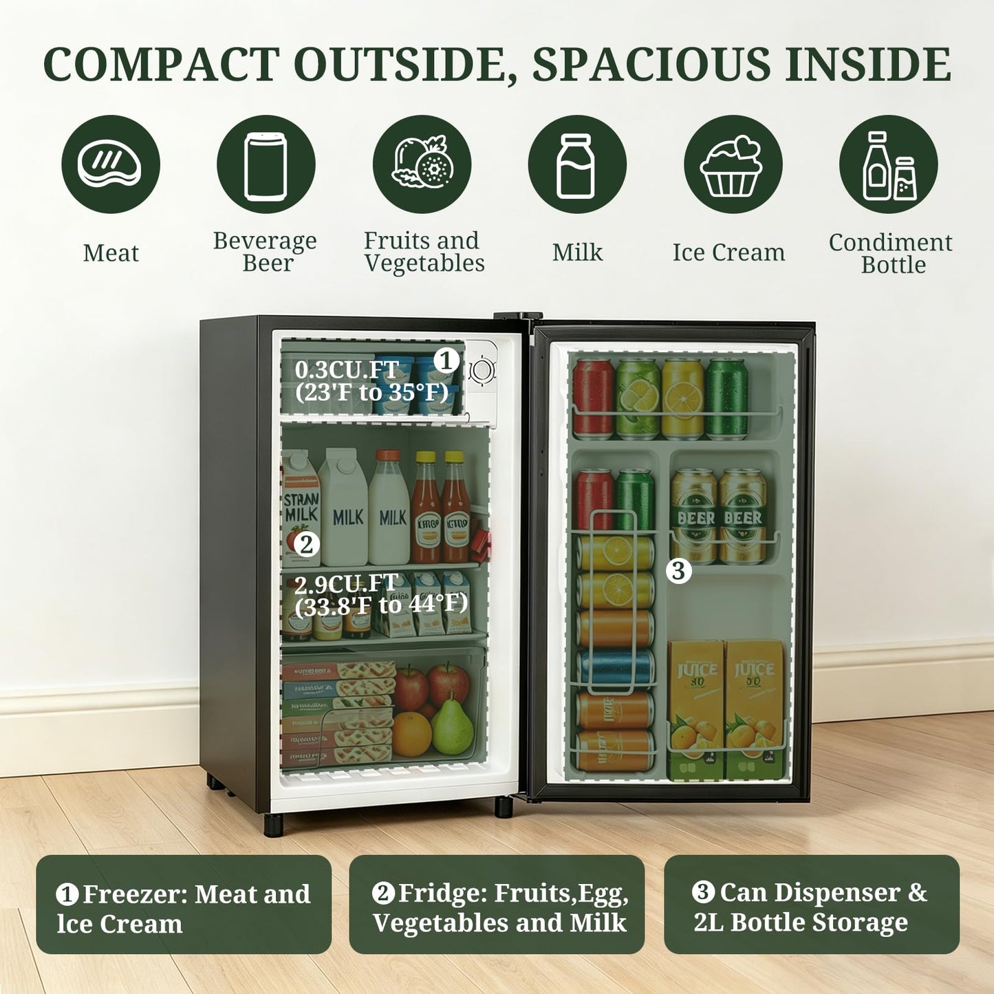 Mini Fridge with Freezer, 3.2 Cu.Ft Compact Single Door Refrigerator with Adjustable Thermostat, Low Noise & Energy Efficient (0.41kWh/Day), Small Fridge for Bedroom, Dorm, Office, Apartment (Black)