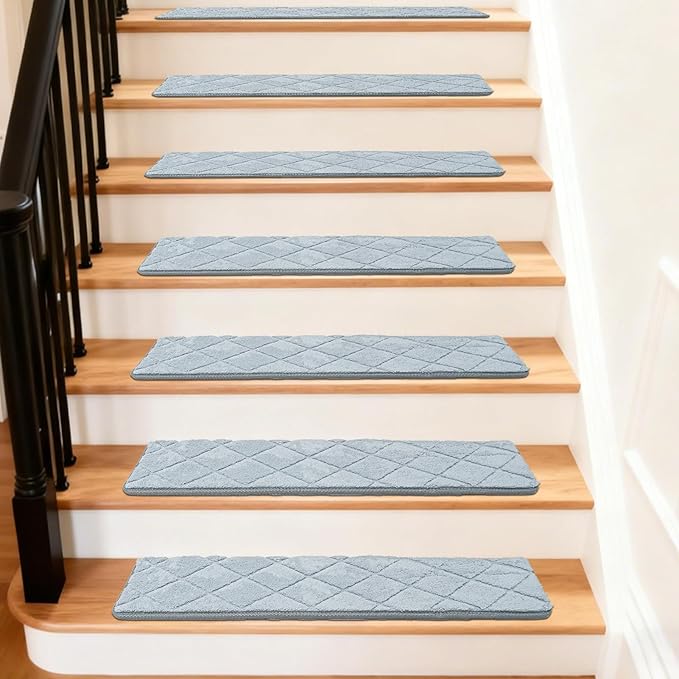 Art3d Stair Treads for Wooden Steps 15Pcs, 8" X 30" X 0.4“ Non Slip Stair Runner Rugs with Reusable Adhesive for Elders Kids and Dogs, Machine Washable Peel and Stick Stair Treads Carpet, Gray