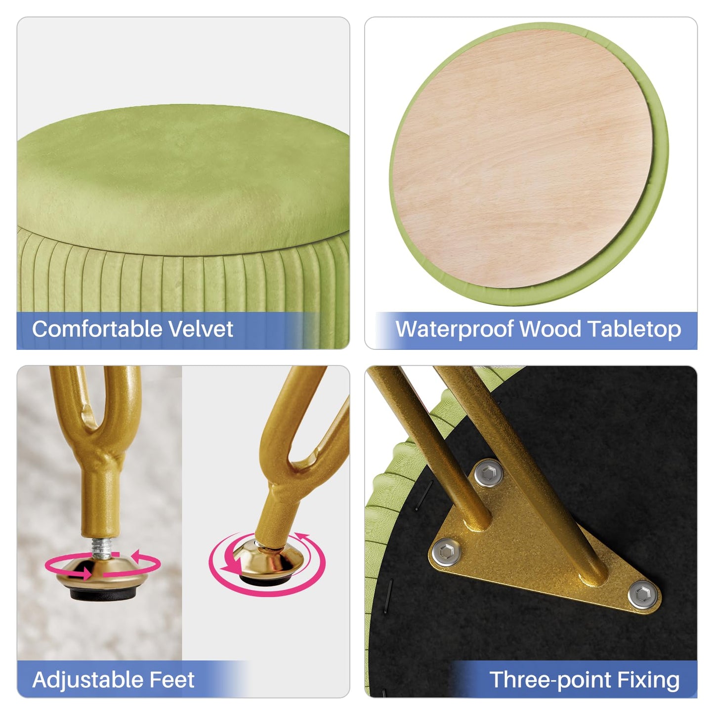 Redlife Vanity Stool with Storage, Round Makeup Vanity Stool with 4 Gold Legs Small Velvet Make Up Chair Multifunctional Storage Ottoman Stools for Makeup Room Bedroom (Light Green)
