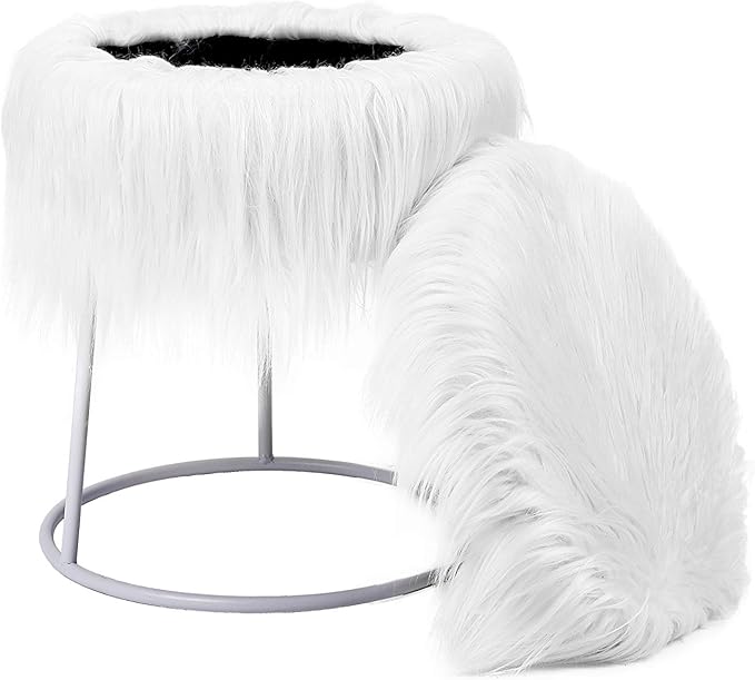 BIRDROCK HOME Round Faux Fur Foot Stool - Small Padded Ottoman w/Soft Cushion for Living Room, Bedroom, or Makeup Room - Modern Upholstered Accent Chair, Vanity Seat, Footrest for Couch/Sofa - White