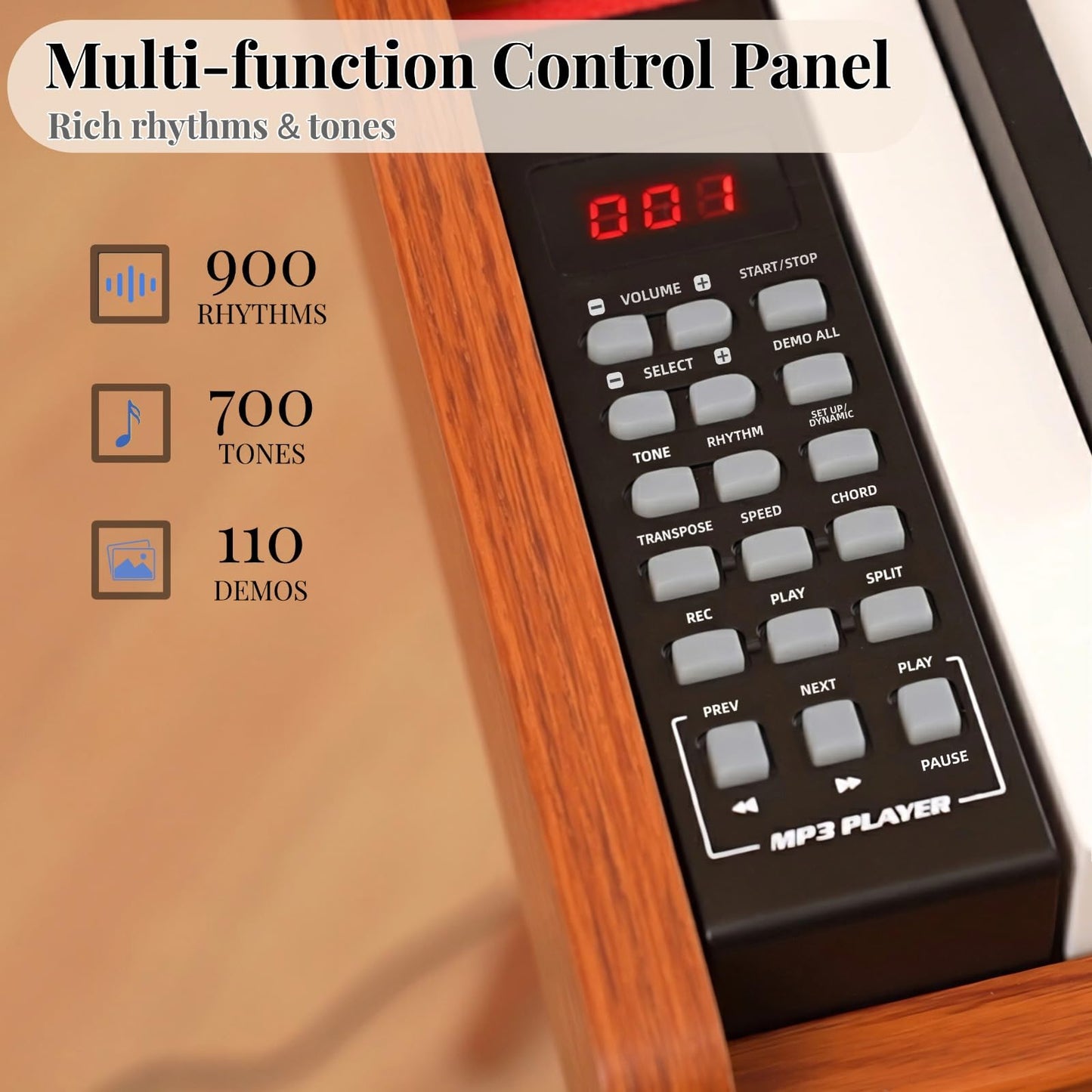 PLYOR 88 Key Digital Piano Keyboard with Stand & 3 Pedals, Weighted Keyboard Electric Piano for Beginners, Progressive Hammer-Action Home Digital Piano with Desk Mode, Headphone Jack, USB-MIDI, Brown
