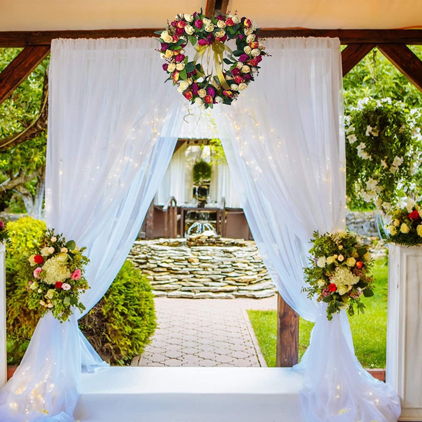 Joydeco White Curtains Backdrop for Wedding Parties, Photo Backdrop Curtains for Wedding Decorations Birthday, Wrinkle Free Polyester 5ft x 10ft Fabric Drape 2 Panels with Rod Pockets