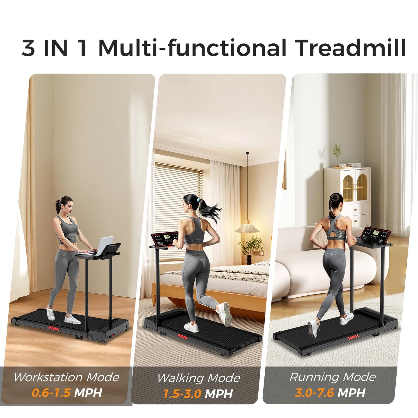 Portable Treadmills for Home, Compact Treadmill with Handles, 3.0HP Walking Pad Treadmill with Removable Desk Workstation, Running Machine for Home Office