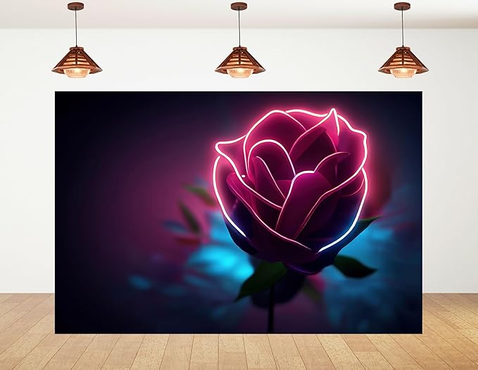5x3ft Neon Rose Photography Backdrop Dark Purple Floral Design with LED Light Effect Background for Wedding Birthday Day B...