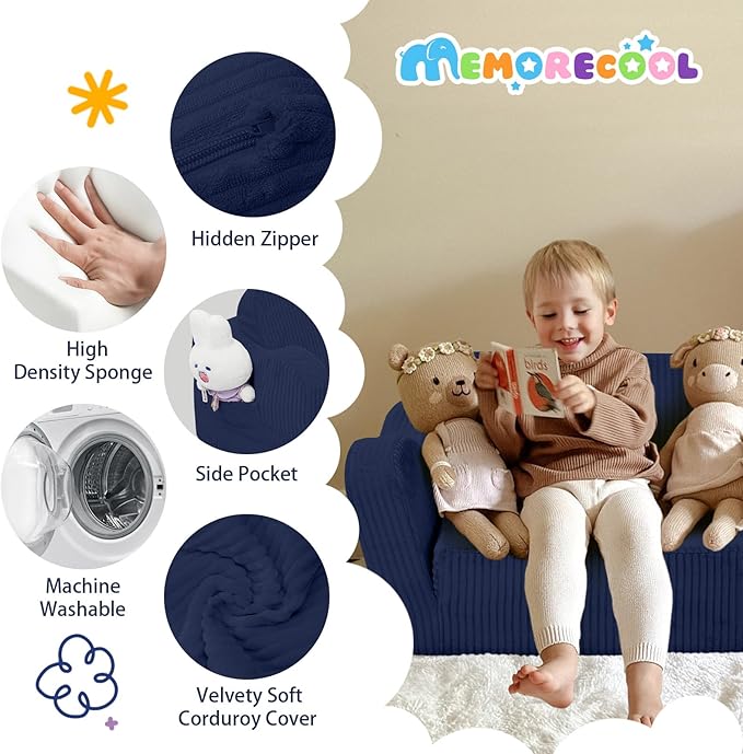 MeMoreCool Toddler Corduroy Chair – 2-in-1 Foldable Sofa Bed, Navy | Ages 1–3, Lightweight & Compact, Washable Cover for Nursery & Travel