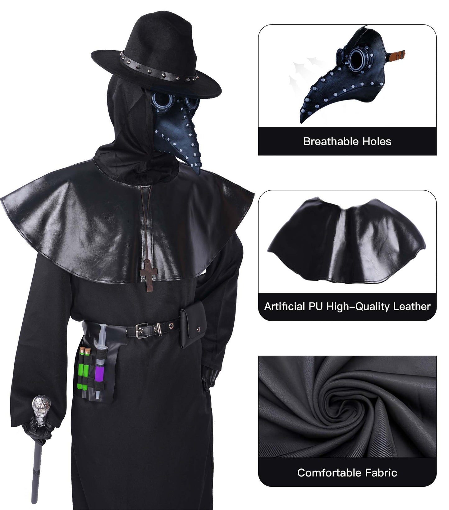 Vezadina Plague Doctor Renaissance Medieval Priest Halloween Cosplay Costume with Hat, Mask, Robe, Gloves, and Cane (XX-Large)