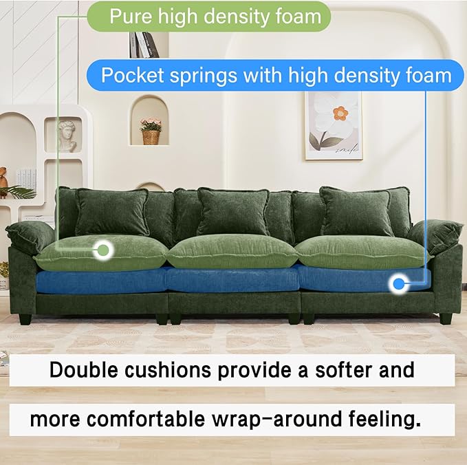 Oprisen 120" Modular Sectional Sofa, Comfy Cloud Couch Sectional, Chenille Sofa Sleeper Deep Seat Sofa with Throw Pillows for Living Room (Green, 120"- 3 Seater)