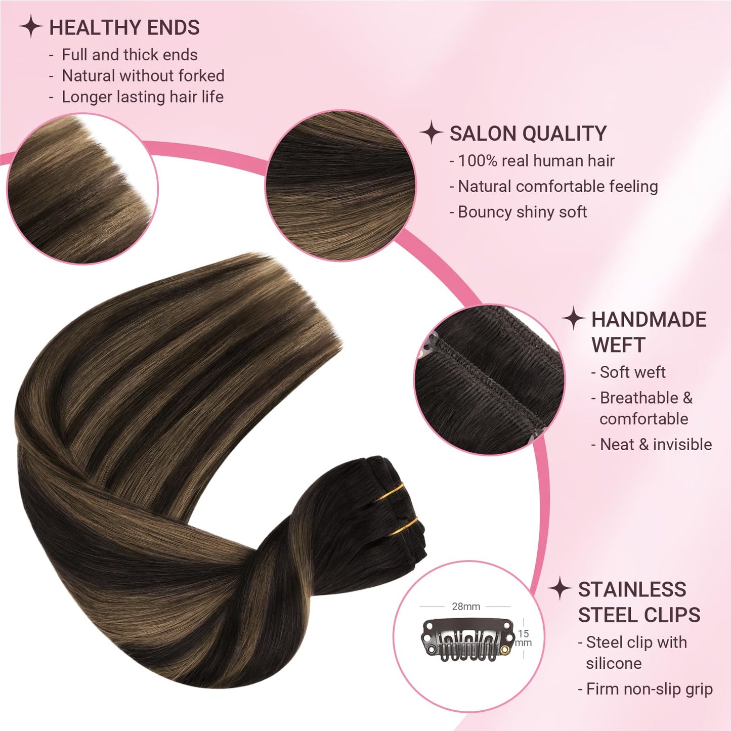 MAXITA Human Hair Clip in Extensions,120g 18 Inch 7pcs, Balayage Dark Brown Mixed Chestnut Brown Hair Extensions Clip in Human H