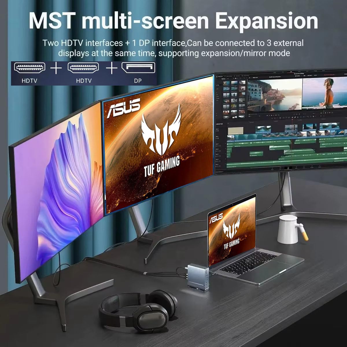 Docking Station for Asus TUF Gaming A17 A18 A15 A16 A14 F15 F16 F17 Dash 15 F15 Gaming Laptop,15-in-1 USB C with 360 ° Rotating Base, 2*4K HDMI and 1*DP, 10Gbps USB Port Transfer, RJ45, Audio, SD/TF