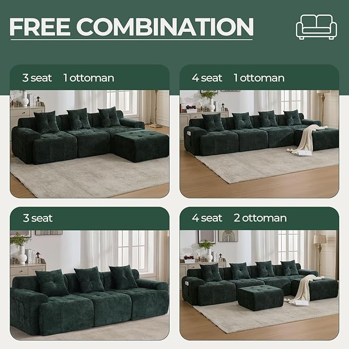 YAAREE 129.23”Modular Sectional Couch for Living Room, Modren L-Shape Cloud Sectional 4-Seater Sofa with Movable Ottoman, Woven Texture Upholstery Boneless Couch, No Assembly, Green