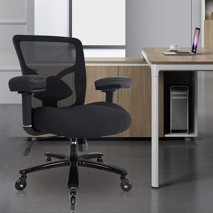 Big and Tall Office Chair 500lbs - Ergonomic Mesh Desk Chair, Heavy Duty Computer Chair-Wide Thick Seat Cushion, Adjustable Lumbar Support, Metal Base, Rubber Wheels, 4D Armrests, Black
