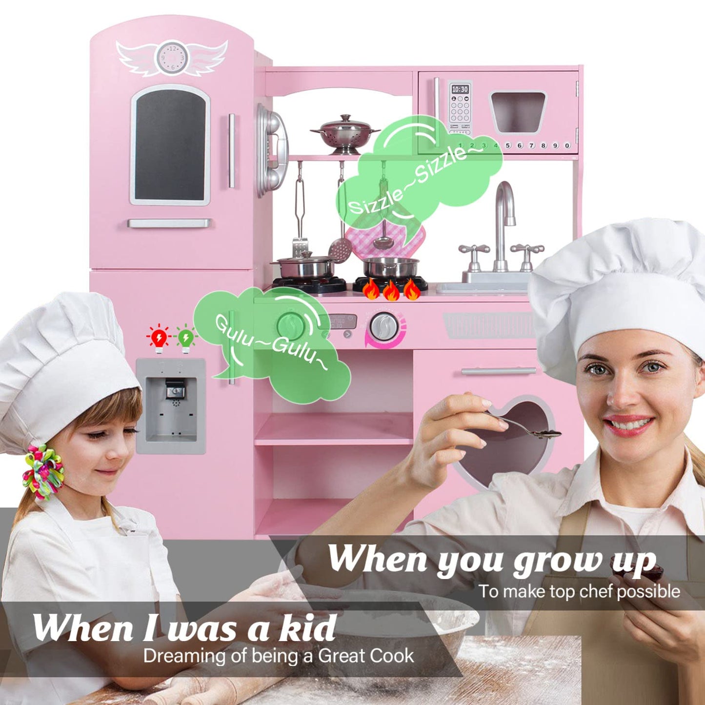 TaoHFE LED Upgrade Kitchen Set for Kids Wooden Play Kitchen LED Gas Tray with Sound Toy Kitchen Sets for Girls Gift Enjoy Cooking with Lights and Sounds Pink Kitchen for Toddlers Kids Kitchen Playset