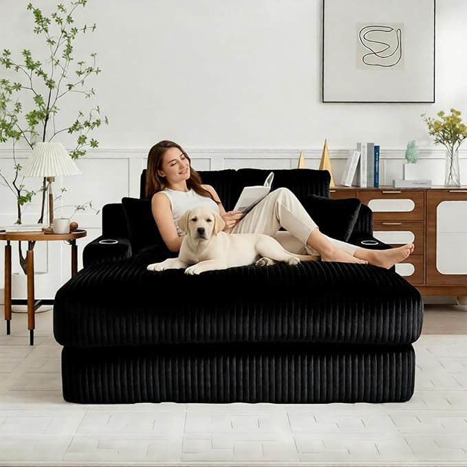 Asukale 60" Oversized Chaise Lounge Chair Indoor, Boneless Cloud Chair Bed with 4 Pillows & Armrests, No Assembly Corduroy Upholstered Sofa for Living Room, Bedroom, Apartment(Black)