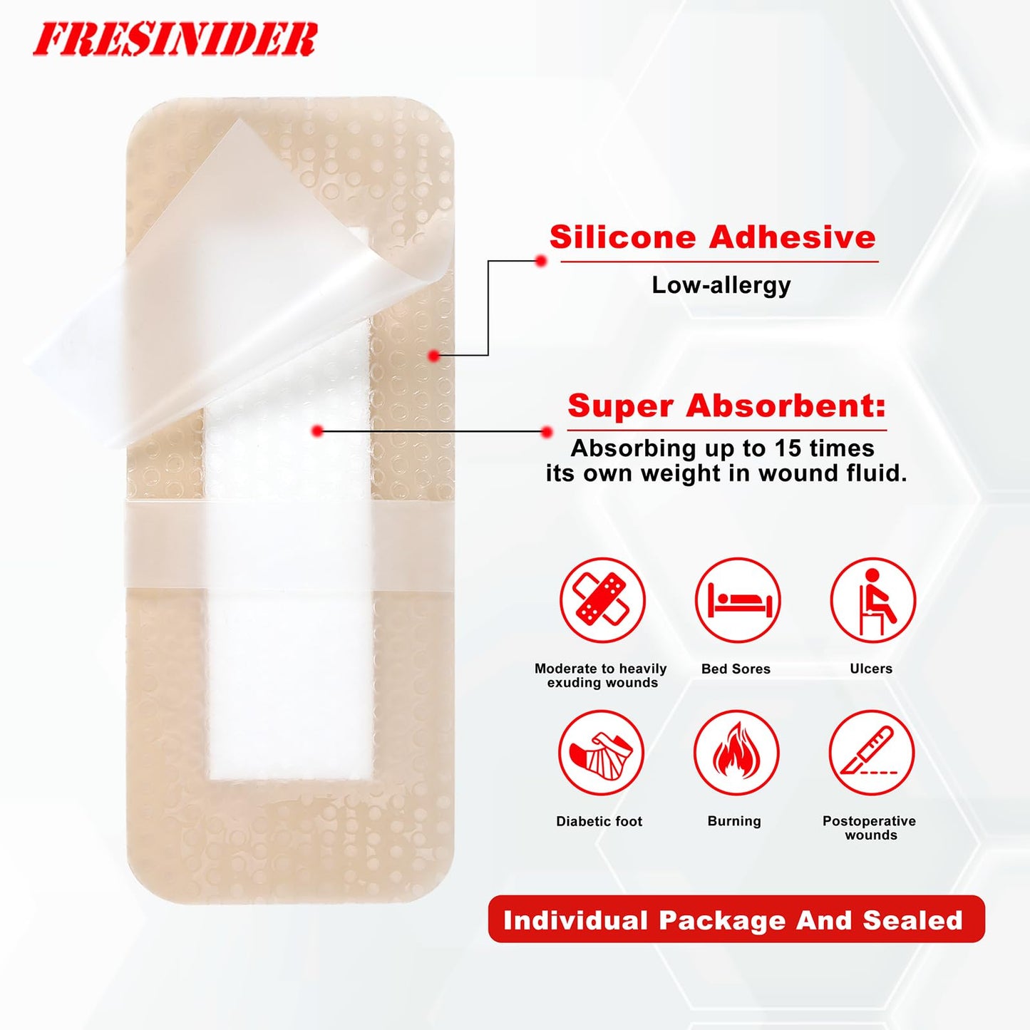 FRESINIDER 2" x 5" Pack of 10 Silicone Foam Wound Dressing - Waterproof Adhesive Bandages with Bordered - Super Absorbent & Breathable for Optimal Wound Care