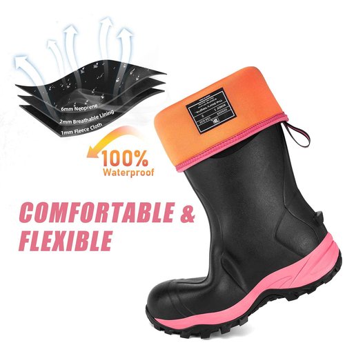Trudave Rubber Boots for Women with Steel Shank, Waterproof Insulated Mud Rain Boots, 6mm Neoprene Anti-slip Outdoor Work Boots, Pink, Size 7