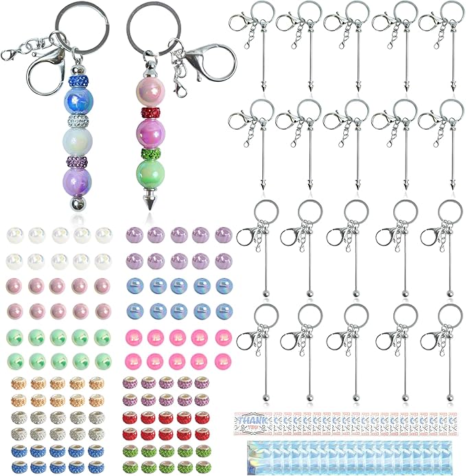LEIOSAGN 180pcs Silver DIY Beadable Keychains Making Kit with 120pcs 16mm Acrylic Beads and Spacer Beads, 20 Blank Beadabl...