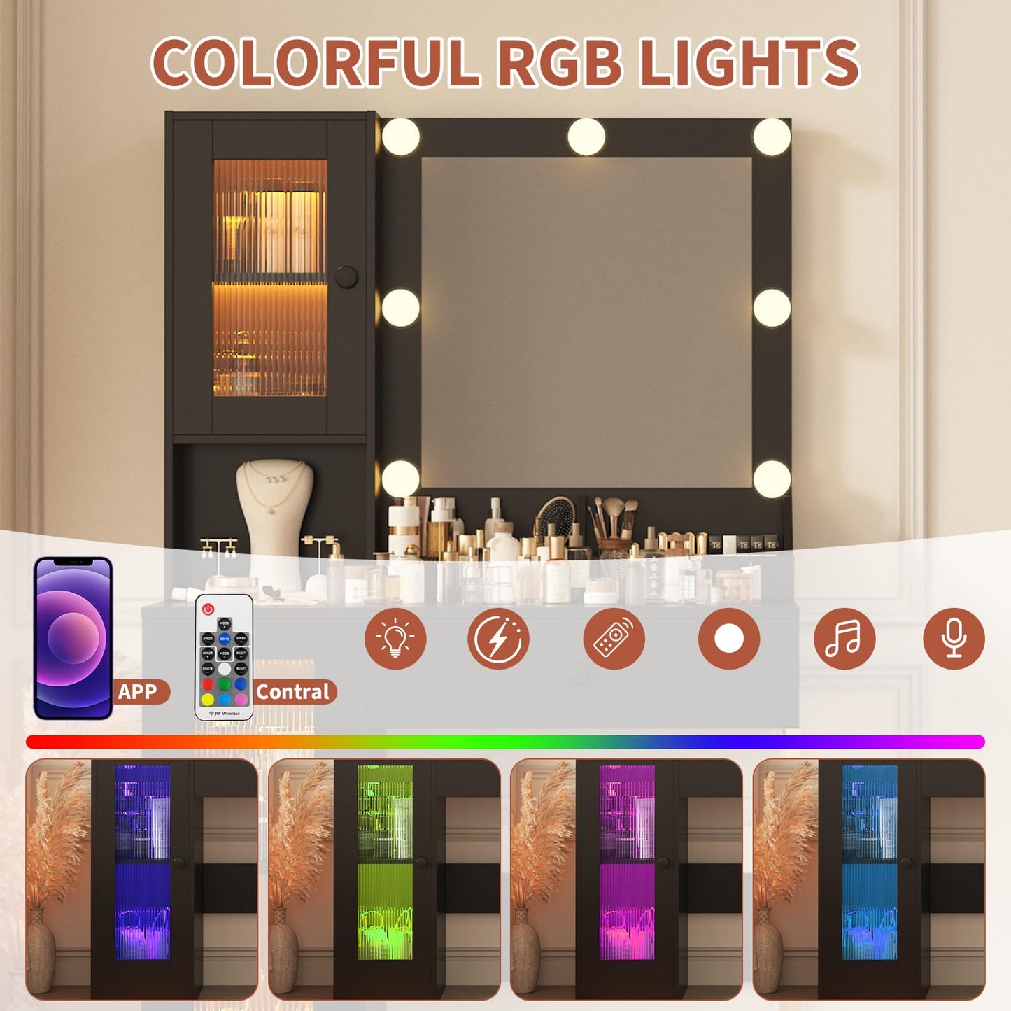 IDEALHOUSE Makeup Vanity Desk with Mirror and Lights, Vanity Table with Charging Station, 2 Open Compartments, 2 Acrylic-Door Cabinets, and RGB Lights Wood Dressing Table for Bedroom