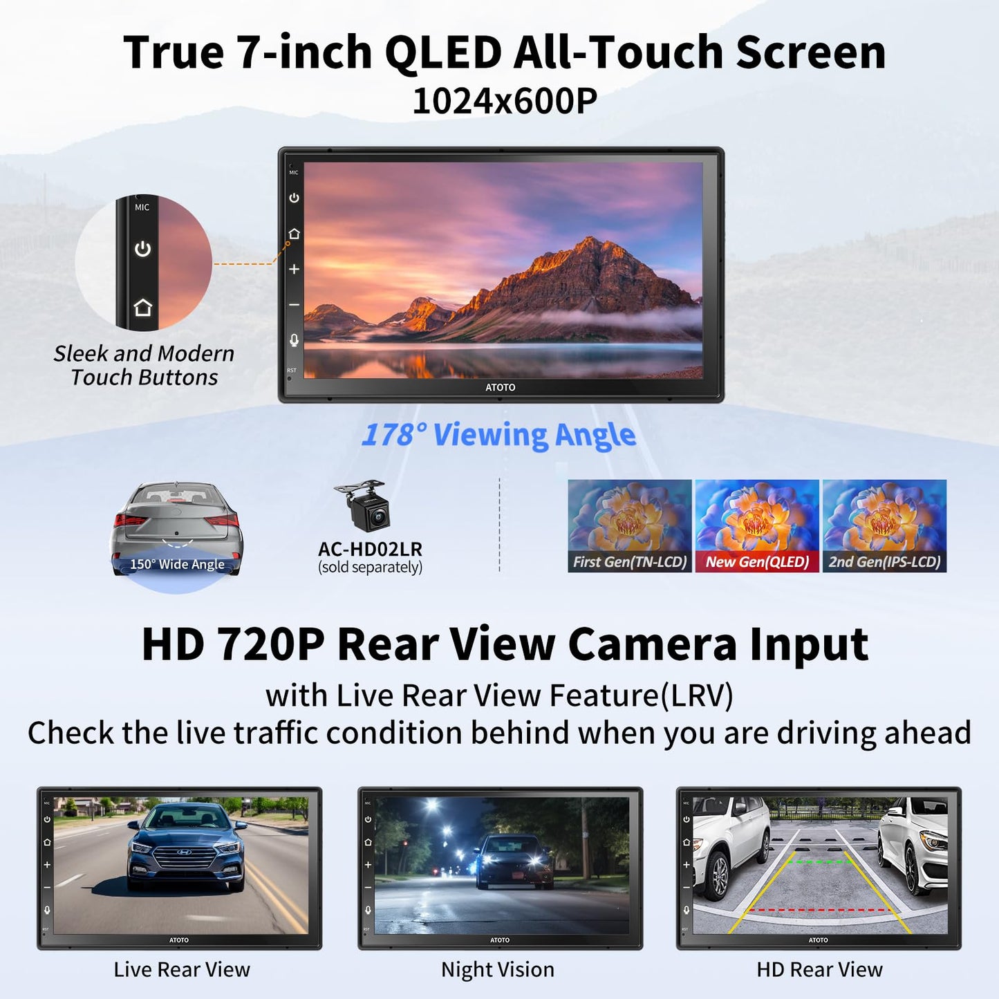 ATOTO A6 PF Android 7" Double DIN Car Stereo, 8-core 2+32GB, Wireless CarPlay & Android Auto QLED Touch Screen, WiFi/BT/USB, AI Chat&GPS Tracking, Dual Bluetooth, DSP/FM/SWC/LRV, MirrorLink,A6G2B7PF