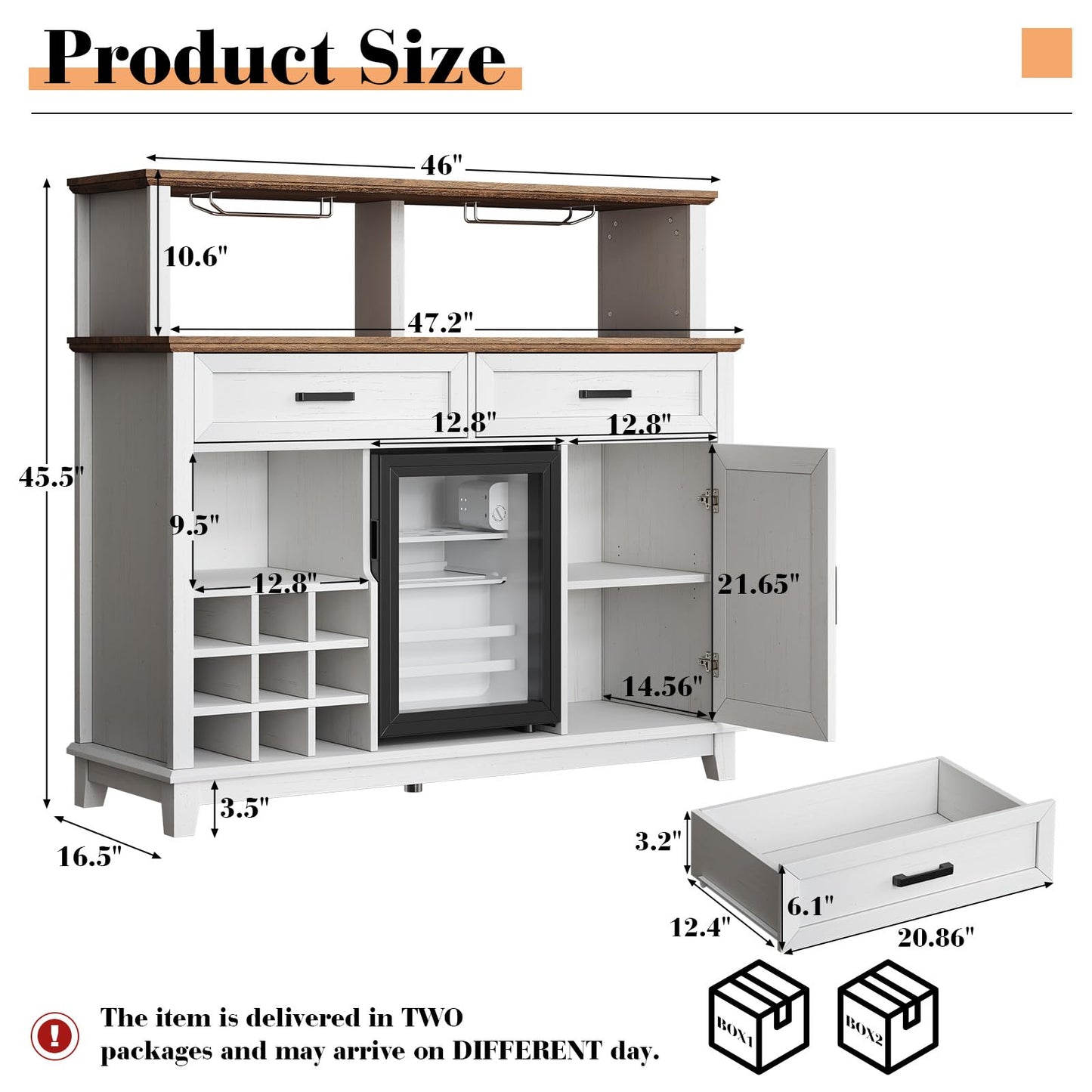 AMERLIFE 47" Farmhouse Coffee Bar Cabinet with 15" Refrigerator & Wine Rack & Glass Holder, Wine Cabinet with Storage Drawers & Open Shelves, Sideboard Buffet Cabinet for Dinging Room, Living Room