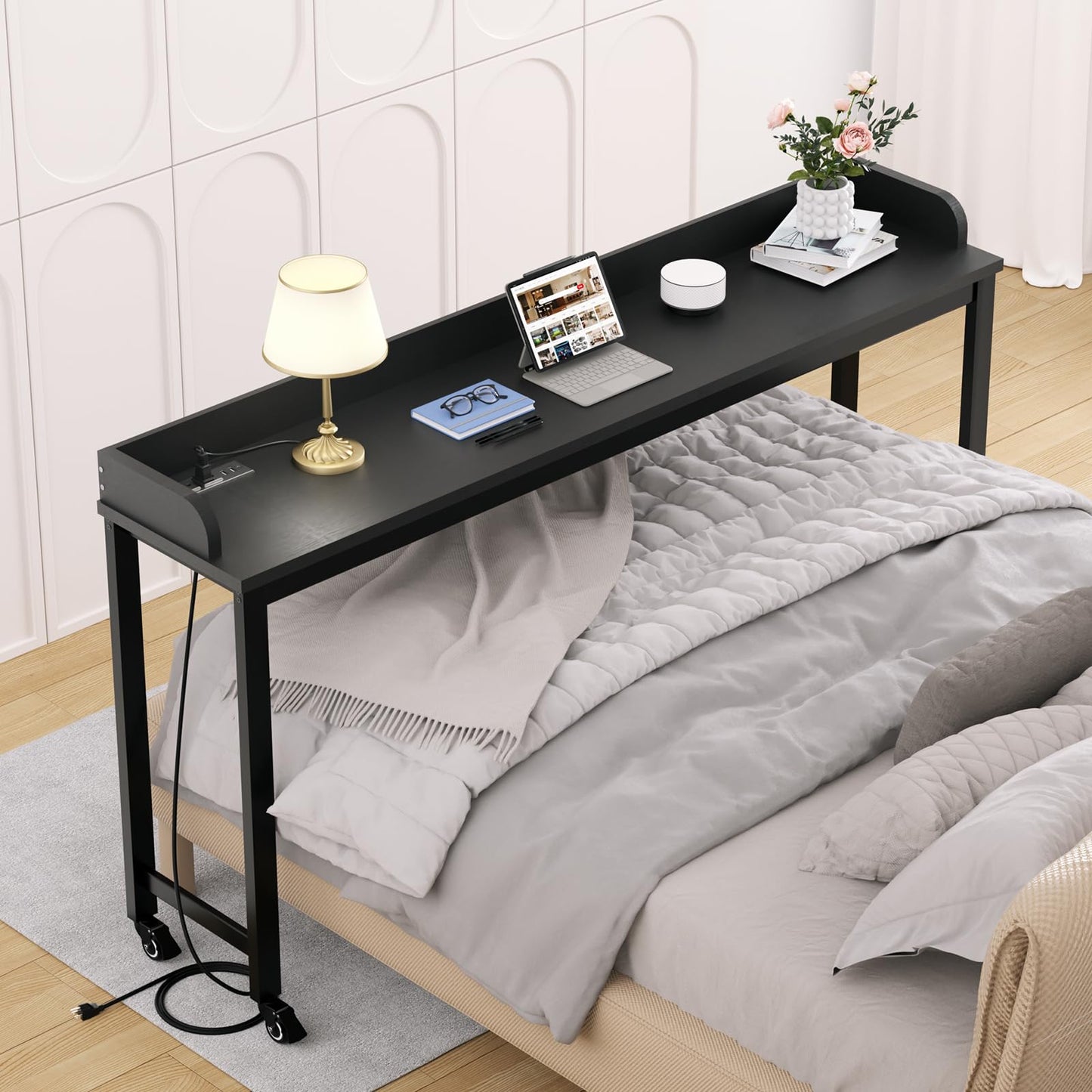 Ytaoka Overbed Table with Wheels, 70.8" Queen Size Bed Table Over the Bed Table with Charging Station, Rolling Laptop Table Over Bed Desk with 2 AC Outlets and 2 USB Ports for Home and Hospital, Black