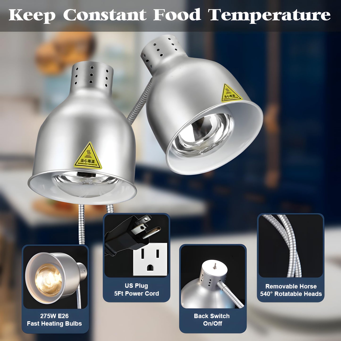 Food Heat Lamp,550W Commercial Food Warmer Lamp,Adjustable Food Warming Light with 4 Bulbs,2 Head Catering Heating Lamp for Kitchen Cafeteria Restaurant Buffet Parties (Silver)