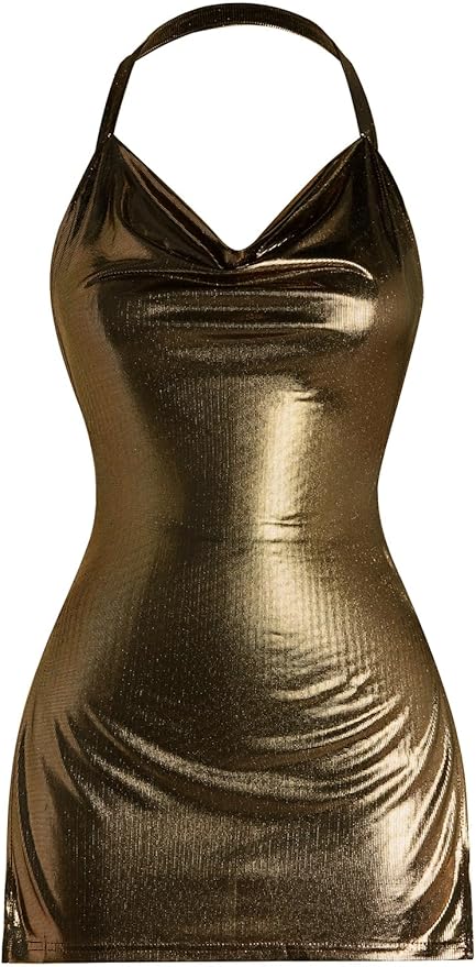 Floerns Women's Y2k Halter Dress Cowl Neck Sleeveless Draped Club Bodycon Mini Dresses
