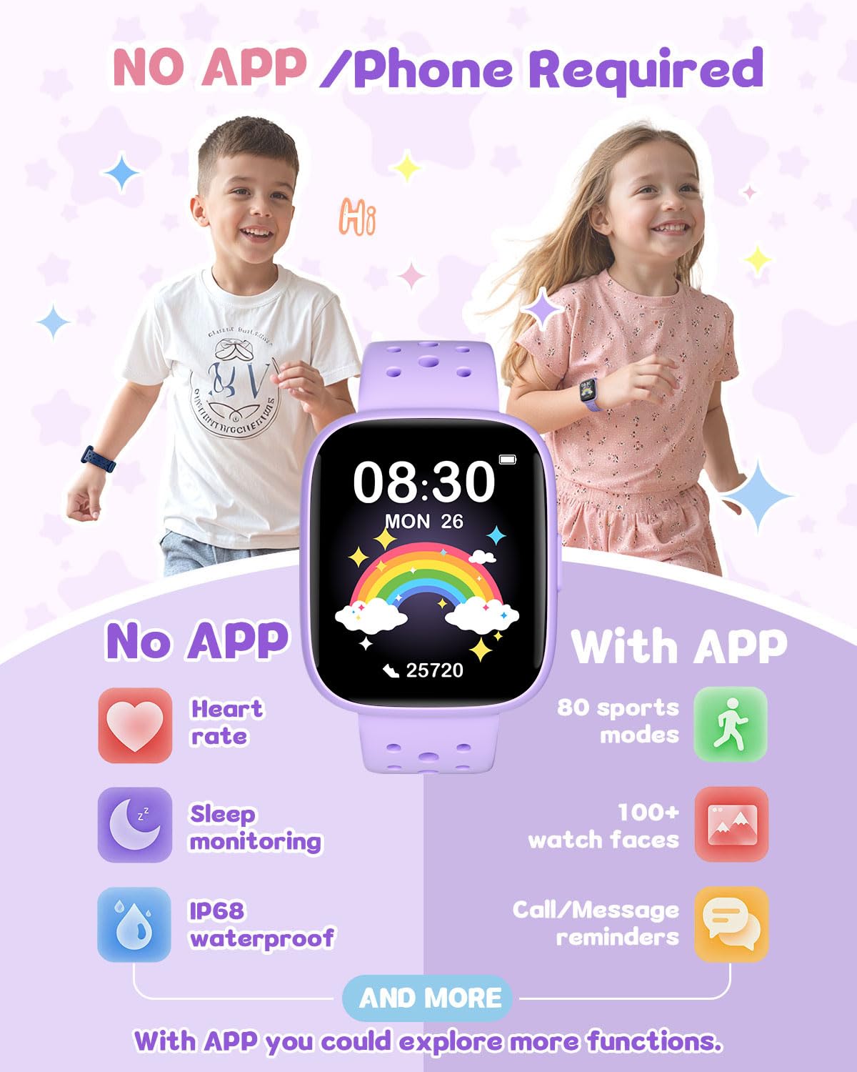 TICTIKY Kids Watch for Girls 5-12, Kids Smart Watch Fitness Tracker Pedometer, No Phone Needed, Puzzle Games with Parental Control, IP68 Waterproof, Heart Rate, Sleep Monitor, Step Counter, 80 Sports