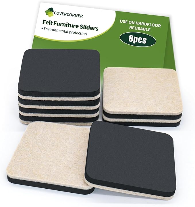 COVERCORNER Felt Furniture Sliders for Hardwood Floors 8 PCS - 3 1/2 inch Square Furniture Moving Slider – Heavy Duty Felt Movers Sliders Chair Legs Floors Protectors (for Hardwood Floors)
