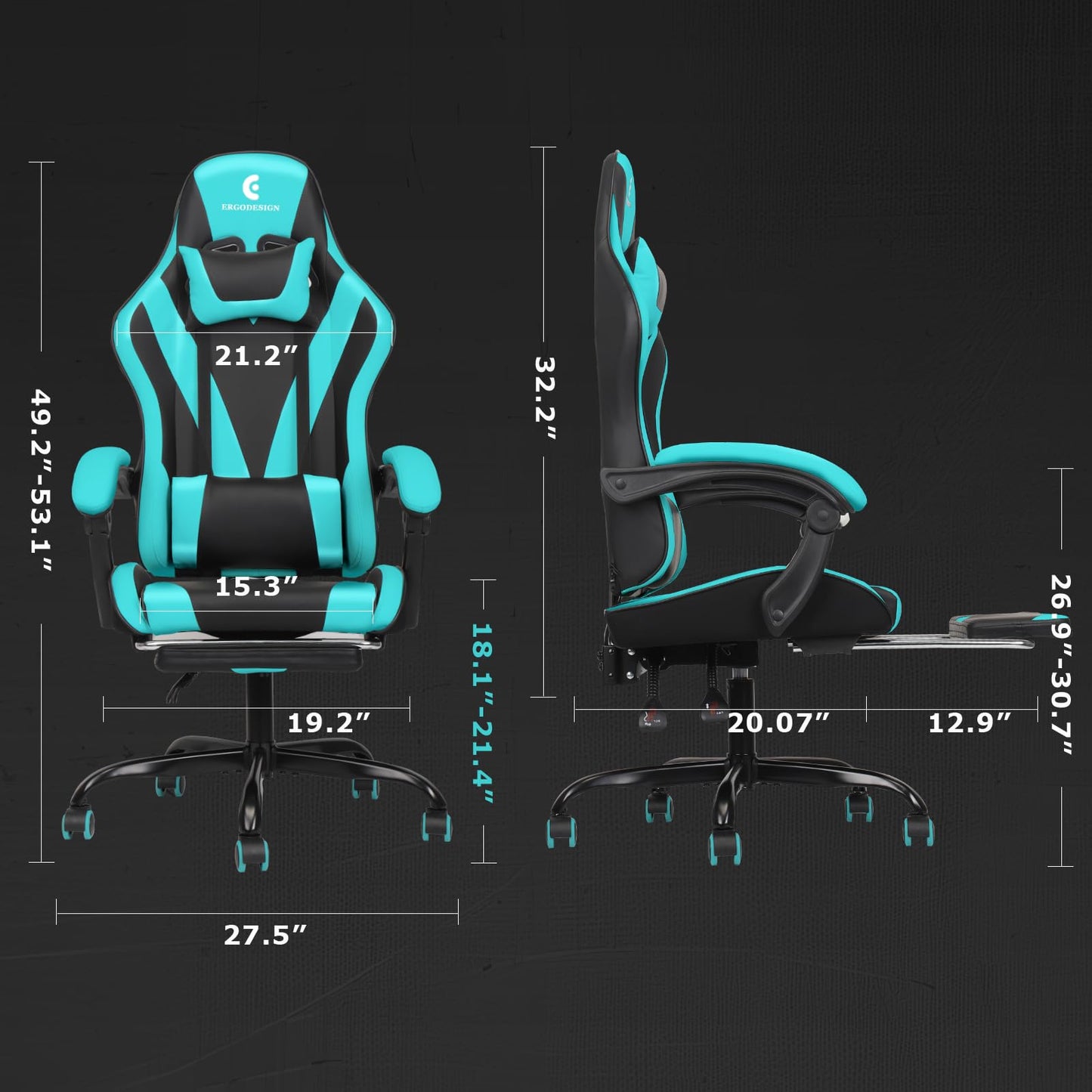 ErgoDesign Gaming Chair with Linkage Armrest & Footrest, High Back Video Gaming Chair, Black/Light Blue
