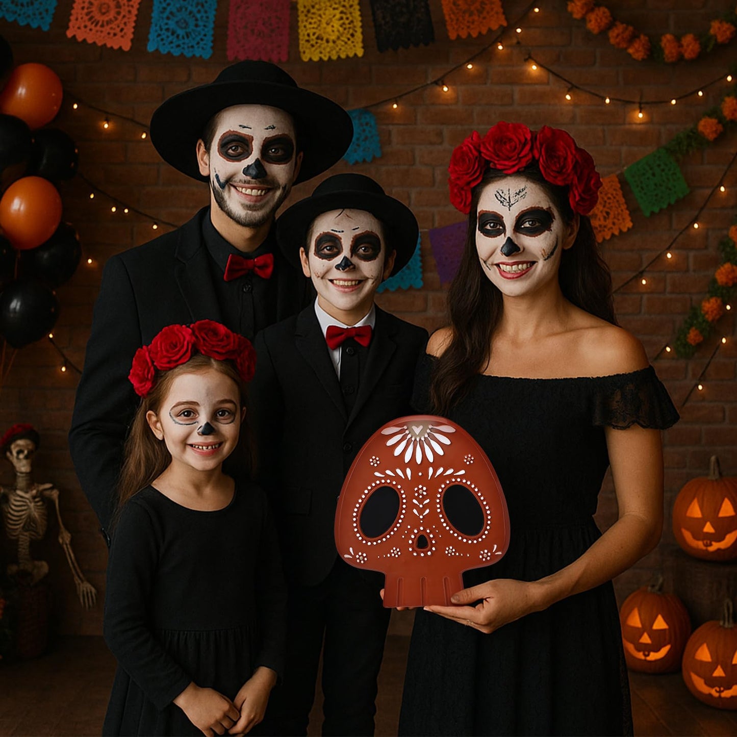 Mexican Skull Table Decor 7.9 Inch Day of The Dead Sugar Skull Dia De Los Muertos Figurines Skeleton Statue Resin Table Centerpiece Ornaments for Halloween Tabletop Mantel Home Decoration Indoor