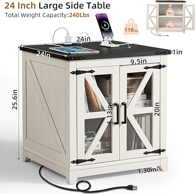 Joaxswe Farmhouse End Table with Charging Station Set 2, 24" Large Sofa Side Table with Glass Barn Door,White Nightstand with Adjustable Storage Shelf,Wood Square Bedside Table for Living Room,Bedroom