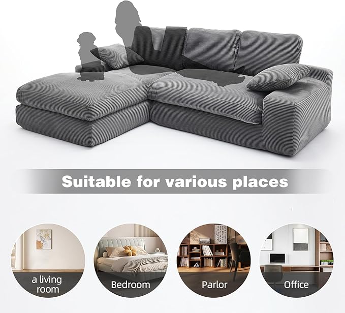 98.4" Cloud Modular Sectional Couch with Chaise,L-Shaped Modern Upholstered Sofa with Deep Seat,Corduroy Sectional Couches for Living Room and Bedroom,No Assembly Required(Grey)