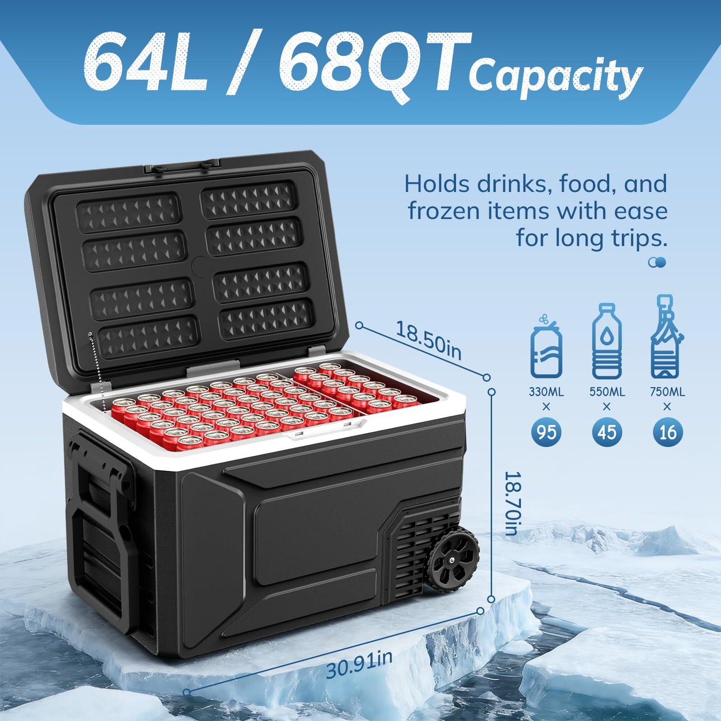 Antarctic Star 12 Volt Refrigerator,68QT(64L)Electric Cooler Compressor, -4℉~68℉ Portable Refrigerator,Car Fridge 12/24V DC 100-240V AC Portable Freezer with Wheels&2 Baskets for Camping,RV,Car,BLACK