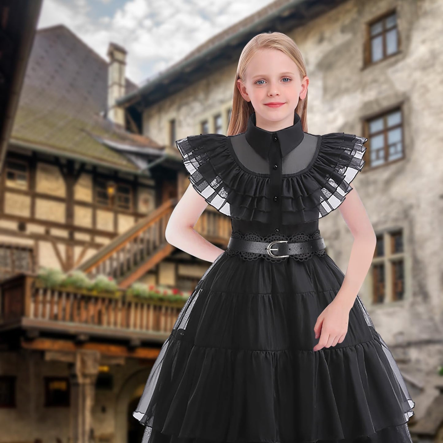 CVNHMG Costume Dress Kids Girls Black Cosplay Halloween Party Dress Up Gothic Costume with Accessories