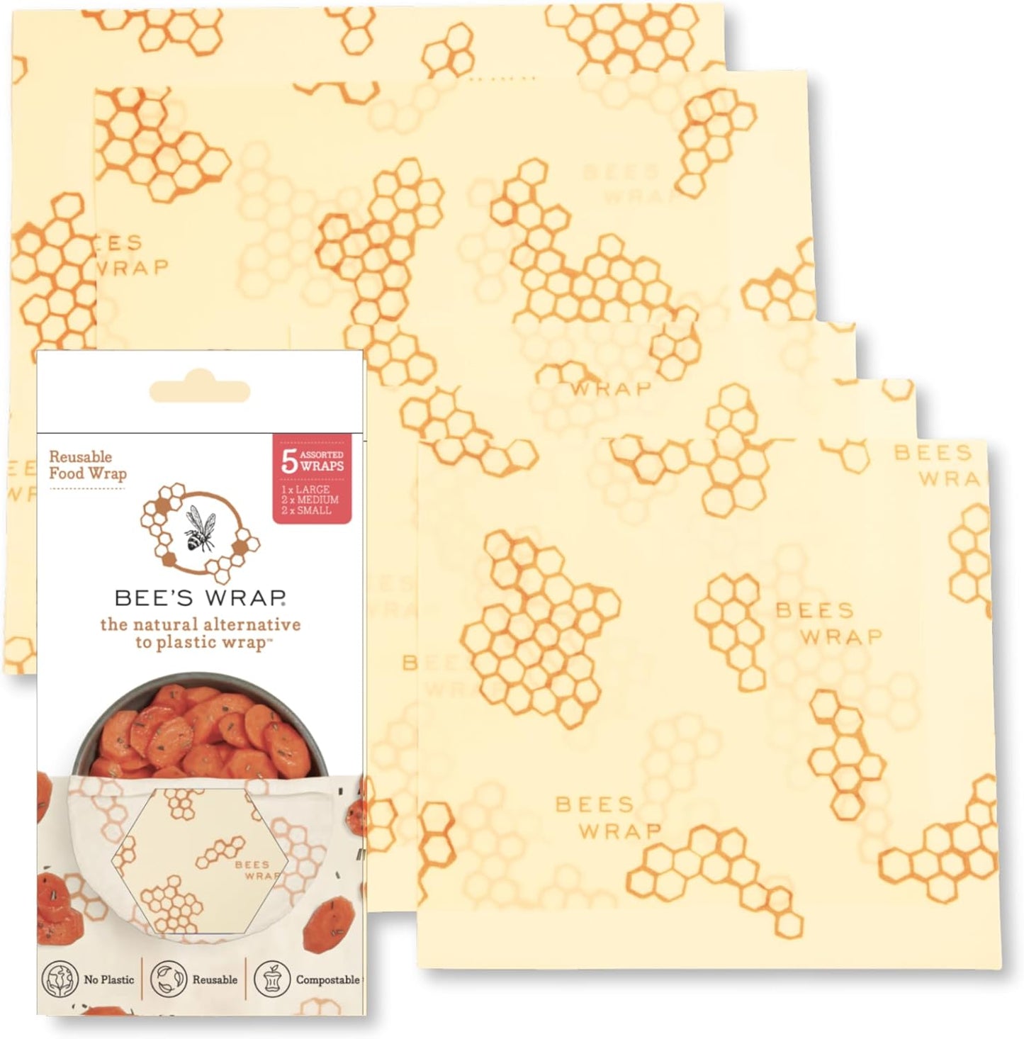 Bee's Wrap Beeswax Wraps for Food - Made in USA Reusable & Organic Food Wraps & Bowl Covers - Eco-Friendly Alternative to Aluminum Foil & Plastic Wrap, Honeycomb 5 Pack (2L, 3M)